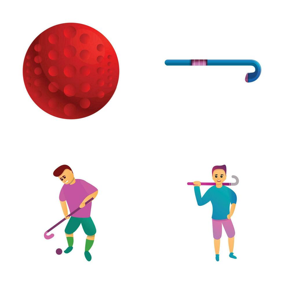 Golf play icons set cartoon vector. Golf player with club and red ball vector