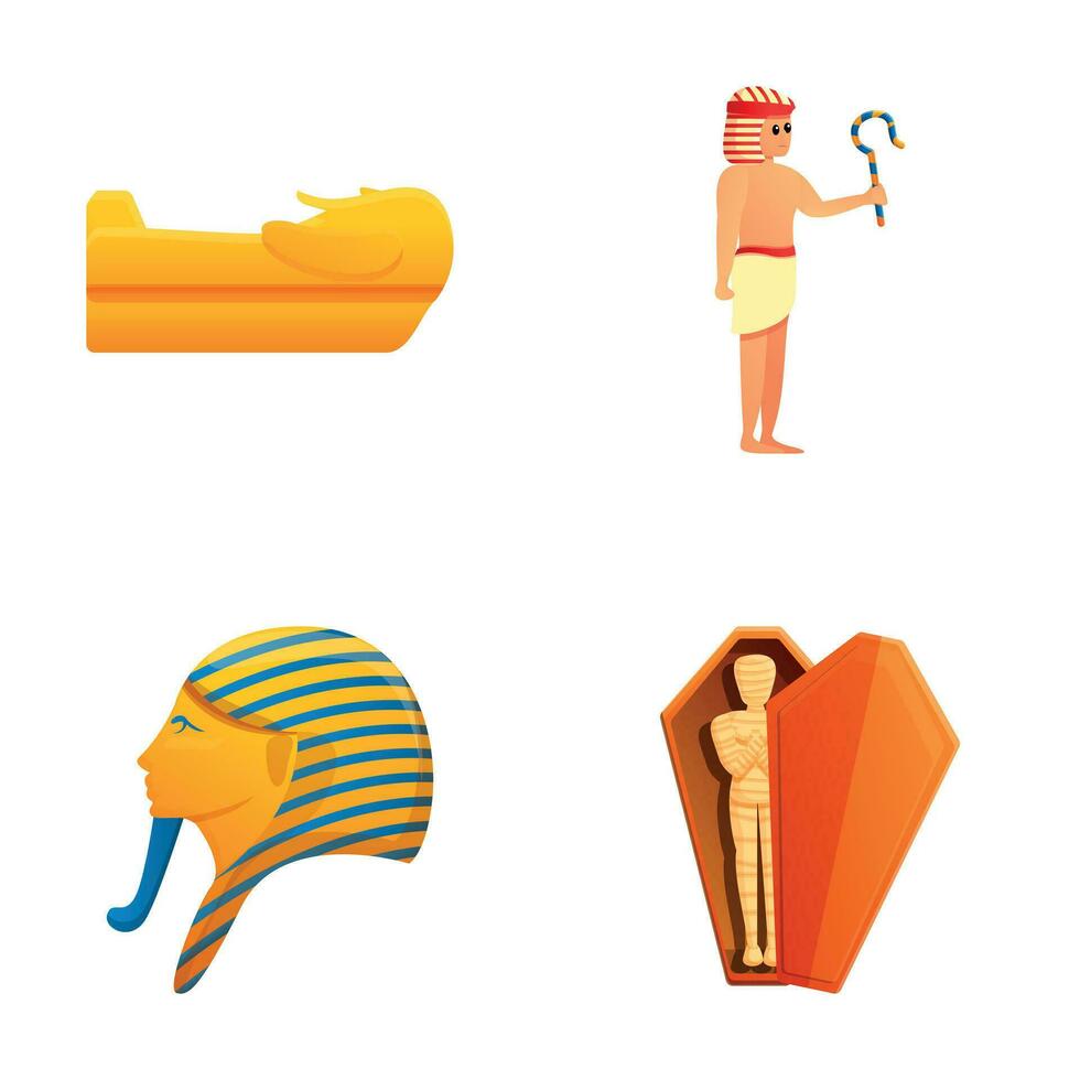 Egyptian pharaoh icons set cartoon vector. Pharaoh statue and tomb vector