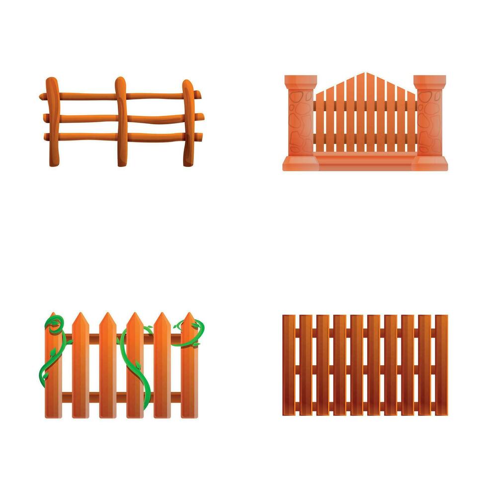 Wooden fence icons set cartoon vector. Different type of wood fence vector
