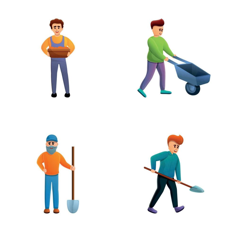 Gardener icons set cartoon vector. Male character with garden tool vector