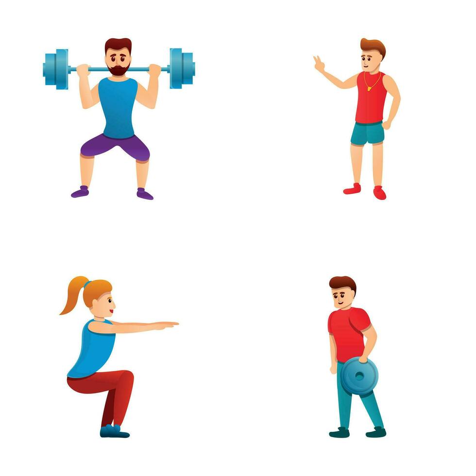 deporte formación íconos conjunto dibujos animados vector. personas jugando deporte con entrenador vector