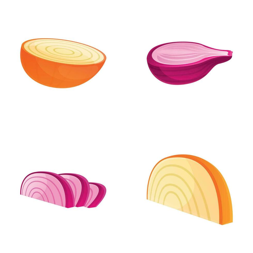 Various onion icons set cartoon vector. Whole and chopped onion vector