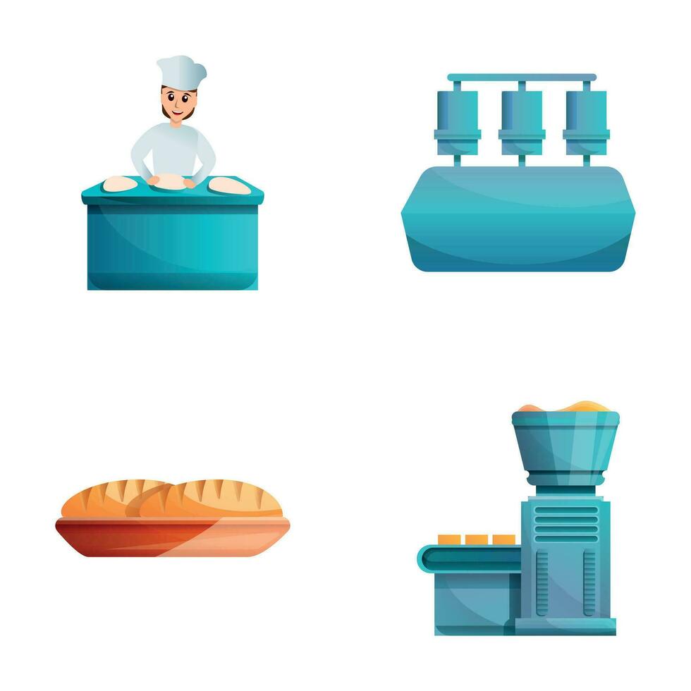 Pastelería tienda íconos conjunto dibujos animados vector. hombre panadero preparando un pan y bollo vector