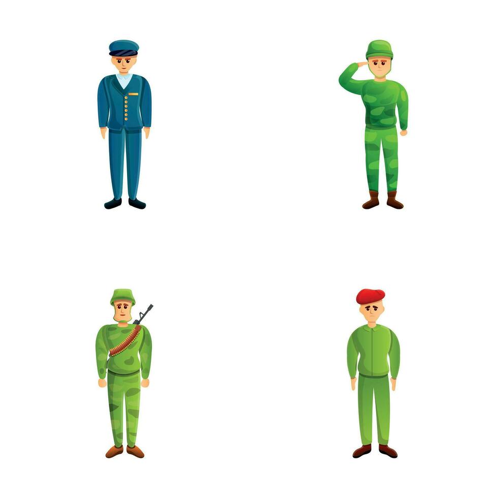 militar hombre íconos conjunto dibujos animados vector. militar personaje vector