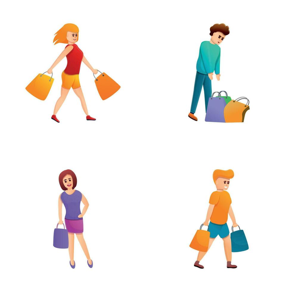 compras íconos conjunto dibujos animados vector. hombre y mujer con bolso vector