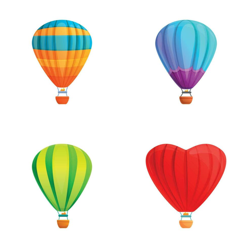 de colores globo íconos conjunto dibujos animados vector. caliente aire globo con cesta vector