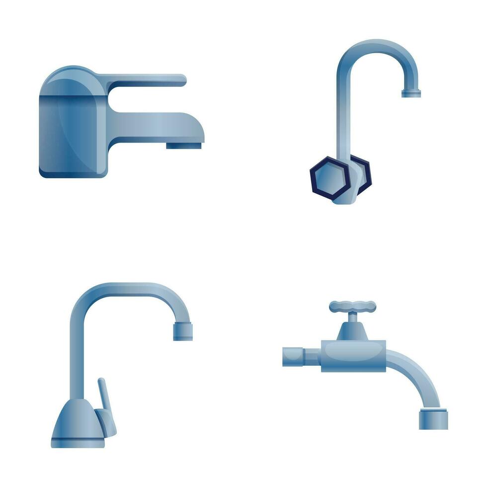 Tap water icons set cartoon vector. Various water faucet and mixer tap vector
