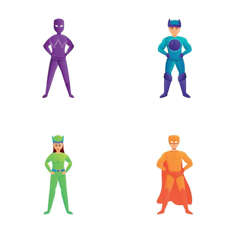 superhéroe íconos conjunto dibujos animados vector. hombre y mujer superhéroe vector