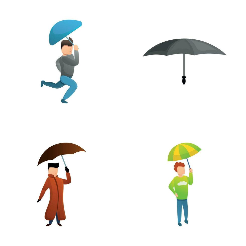 sombrilla íconos conjunto dibujos animados vector. hombre personaje debajo lluvia paraguas vector