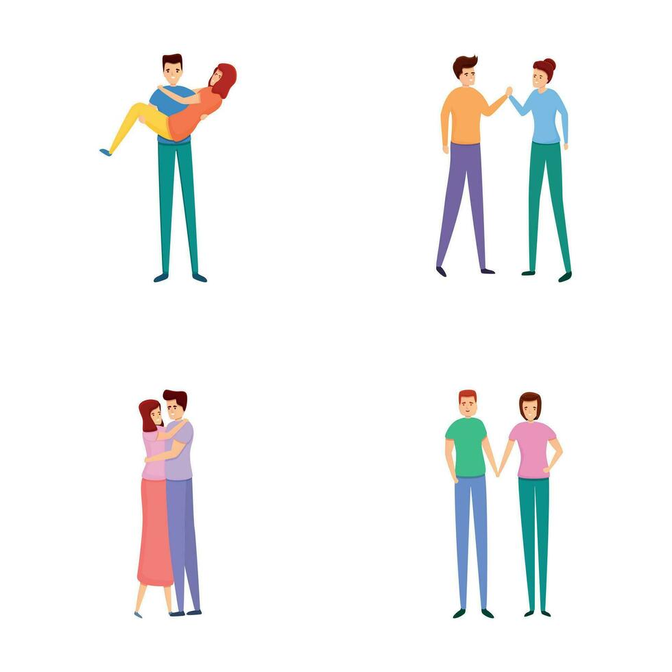 romántico fecha íconos conjunto dibujos animados vector. hombres y mujer en romántico relación vector