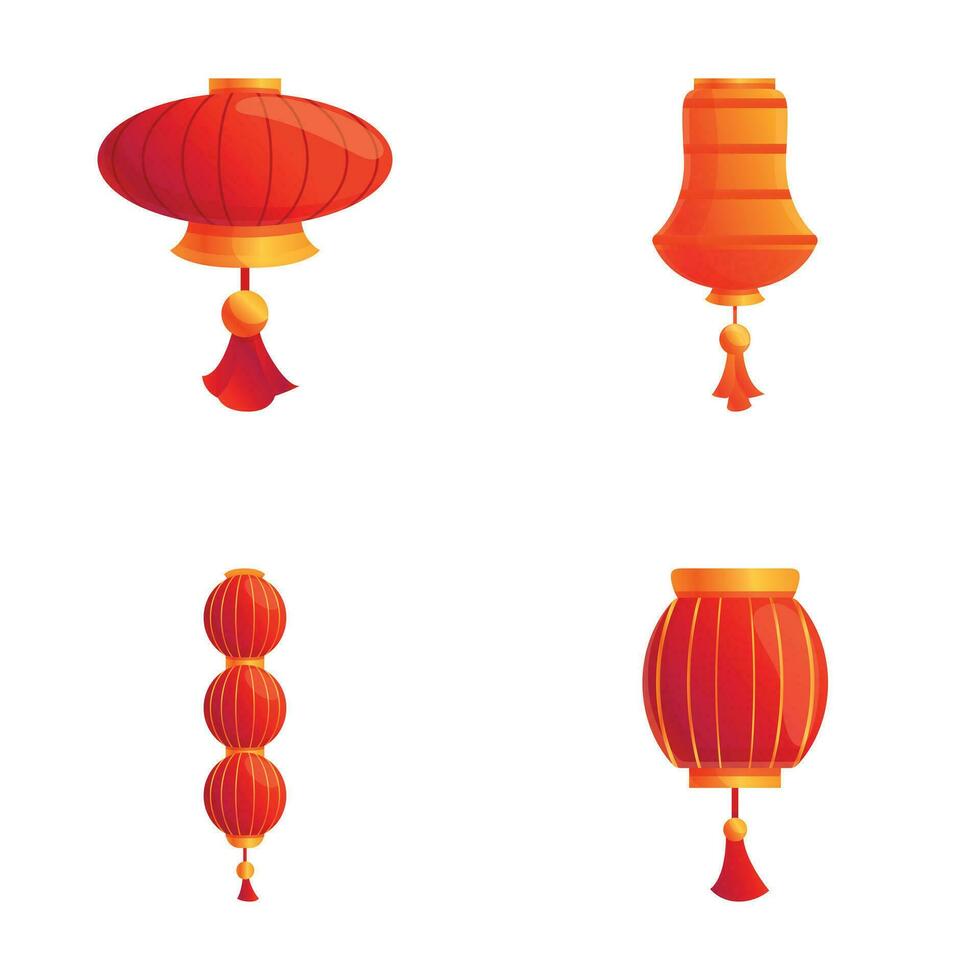 chino linterna íconos conjunto dibujos animados vector. chino festival papel linterna vector