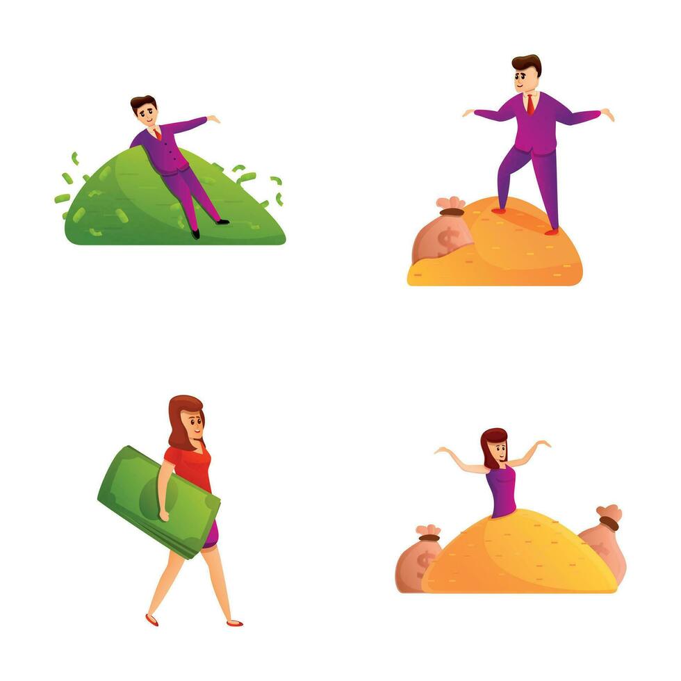 Rich human icons set cartoon vector. People sitting on heap of dollar and coin vector