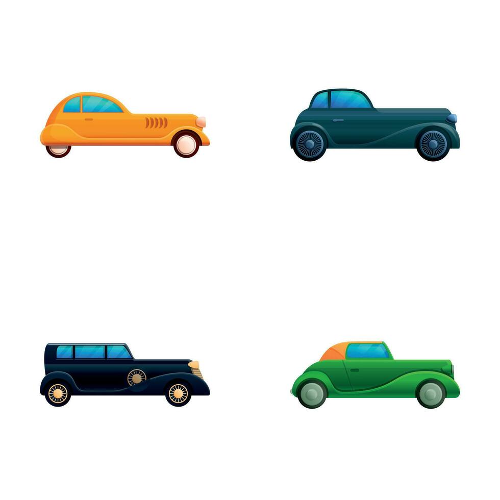 Clásico coche íconos conjunto dibujos animados vector. varios retro automóvil vector