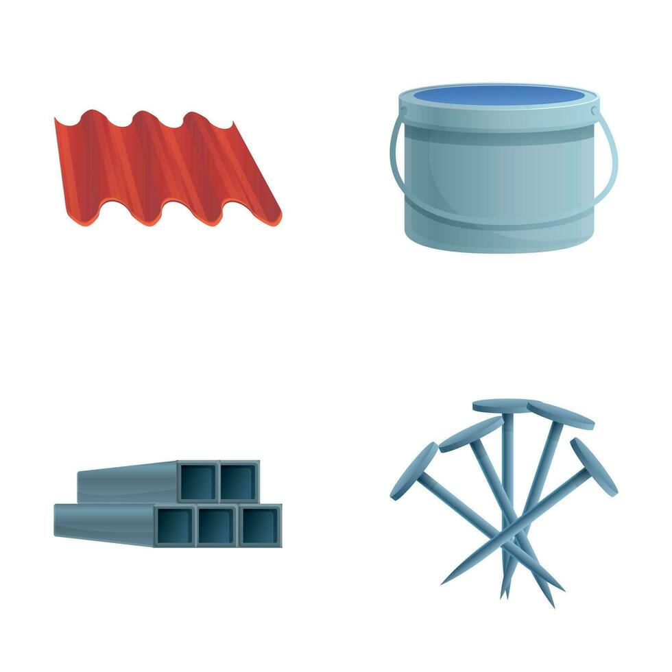 Repair material icons set cartoon vector. Industrial construction supplies vector