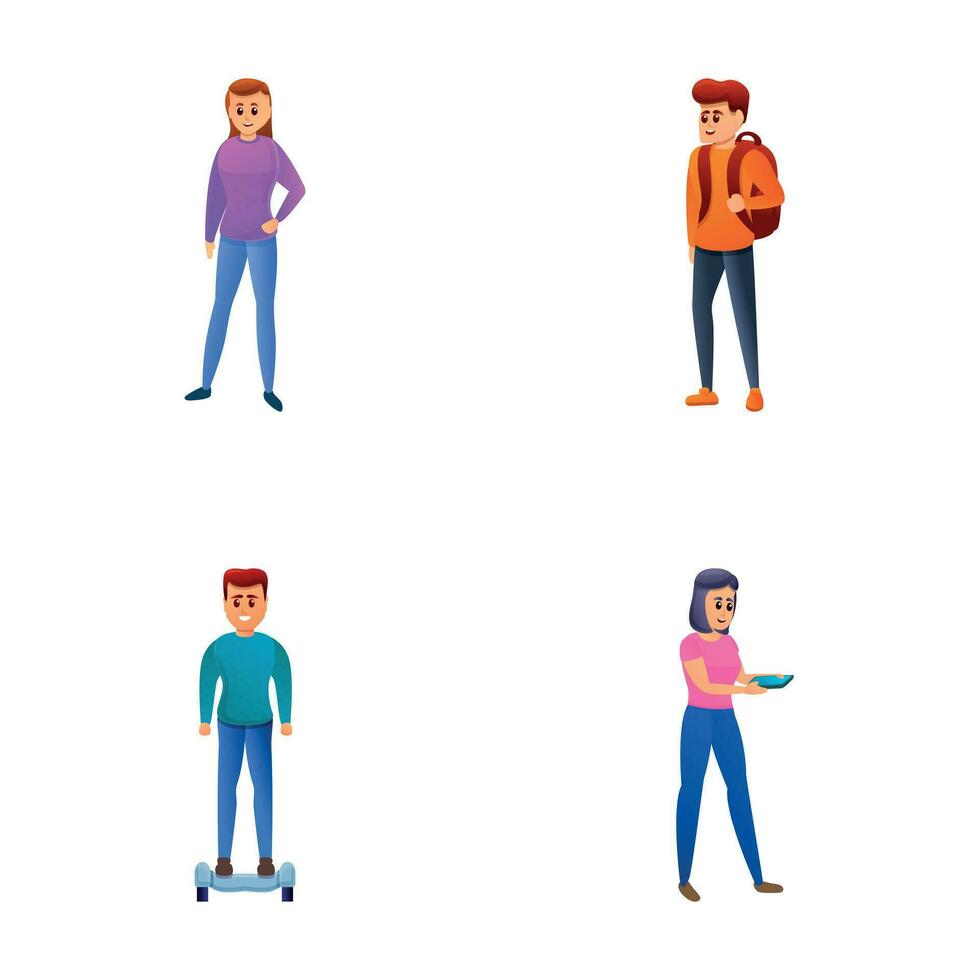 People icons set cartoon vector. Guy and girl with phone backpack on hoverboard vector