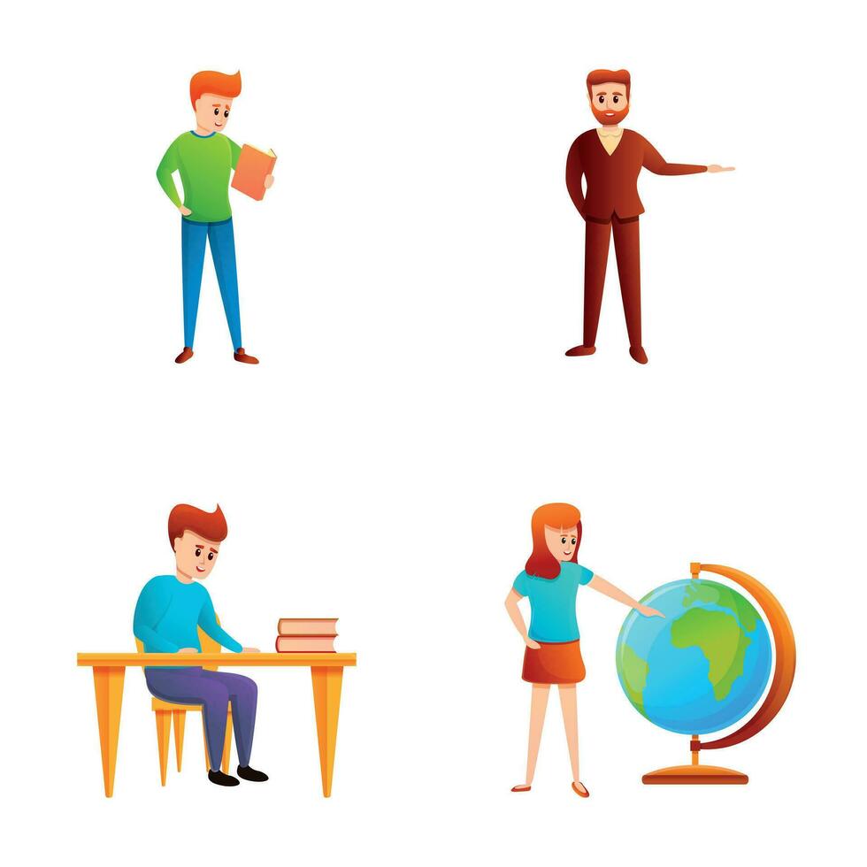 Offline education icons set cartoon vector. Teacher and student vector