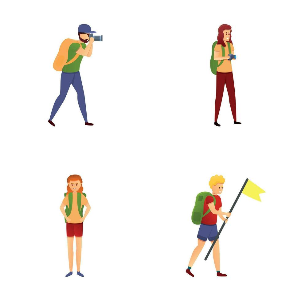 Hiking icons set cartoon vector. People with backpack go hiking vector