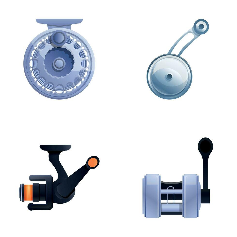 Fishing reel icons set cartoon vector. Equipment for fishing