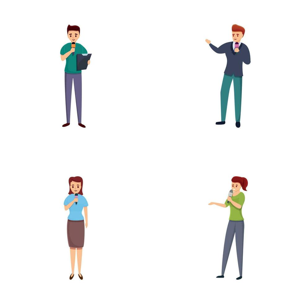 Reporter icons set cartoon vector. Male and female journalist with microphone vector