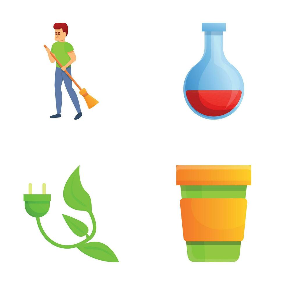 ecología íconos conjunto dibujos animados vector. hombre con escoba, planta y laboratorio matraz vector