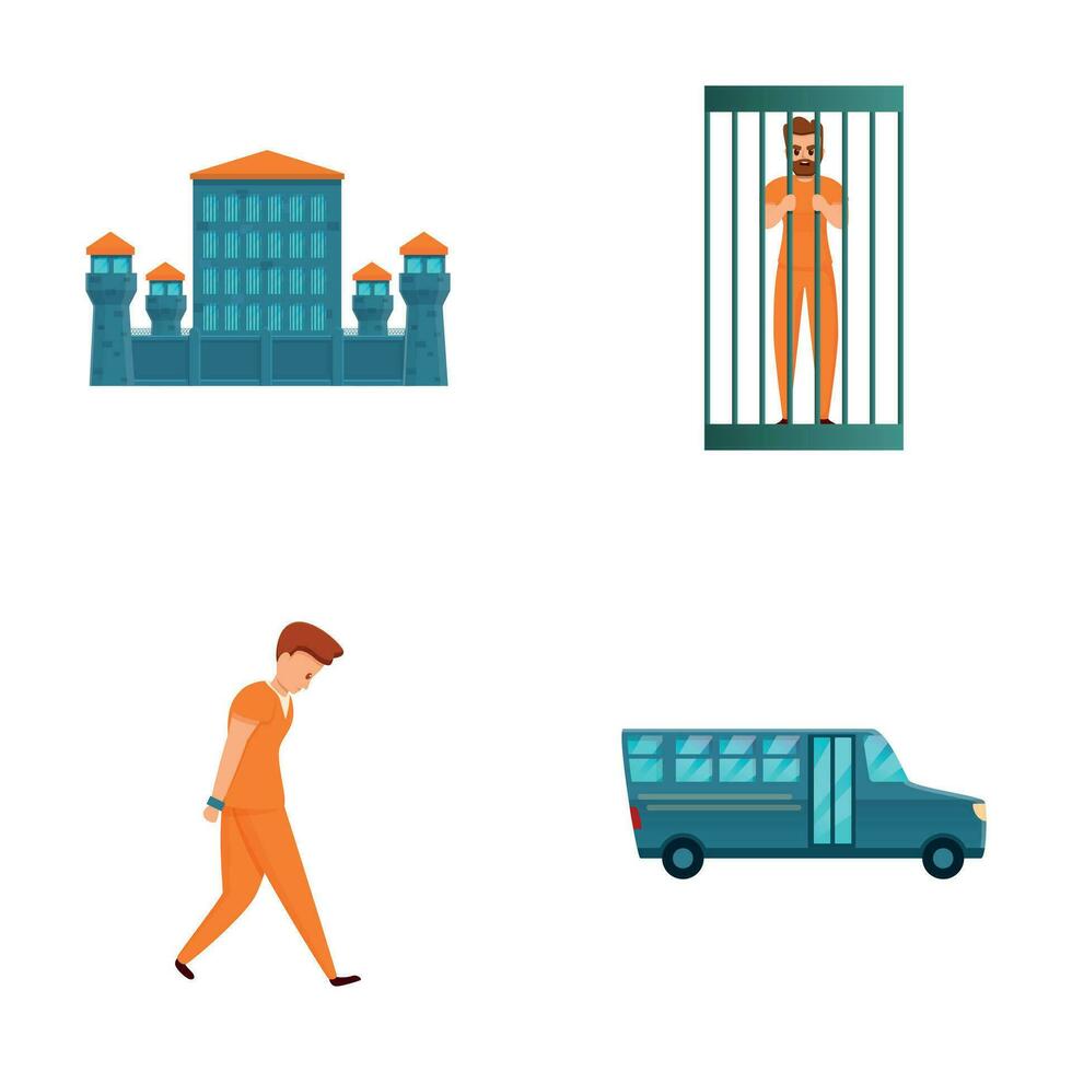 Criminal icons set cartoon vector. Convict near prison building and paddy wagon vector