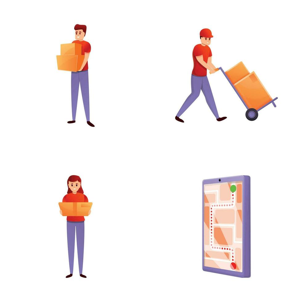 Hand delivery icons set cartoon vector. Man and woman courier delivering parcel vector