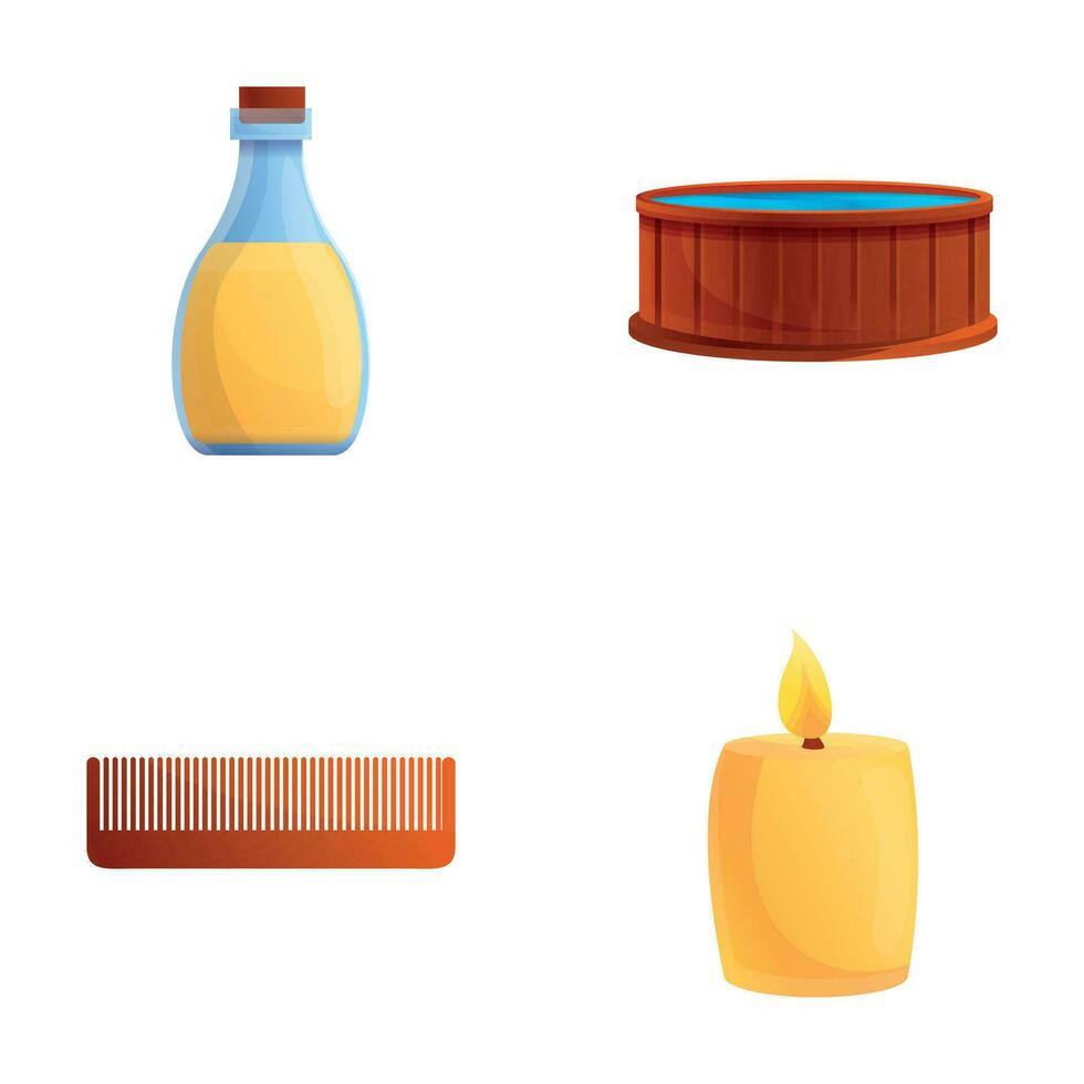 Wooden tub icons set cartoon vector. Bath and sauna accessory vector