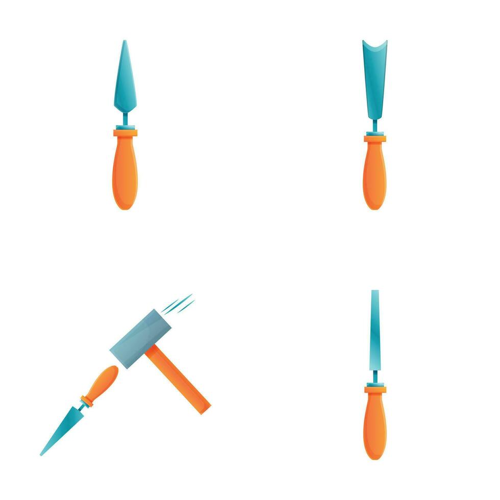 Repair tool icons set cartoon vector. Metal hammer and chisel vector