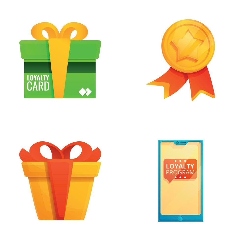 Loyalty program icons set cartoon vector. Medal gift box and smartphone vector