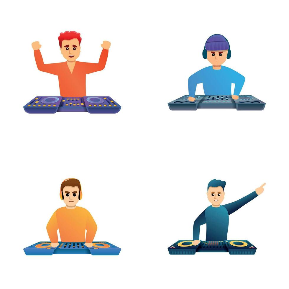 Man dj icons set cartoon vector. Dj playing club music vector