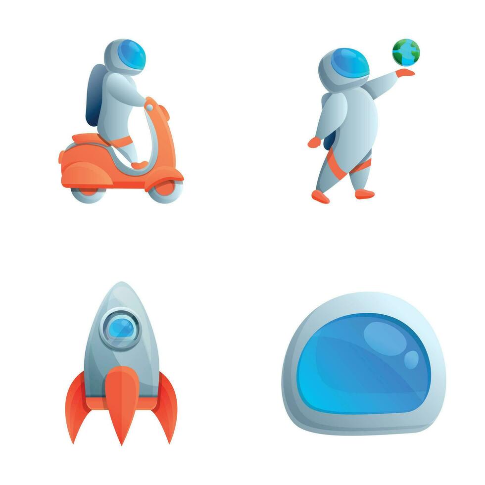 Cartoon astronaut icons set cartoon vector. Astronaut on motorbike flying rocket vector