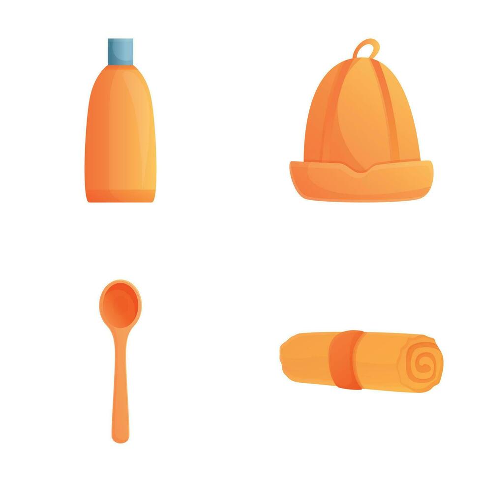 Bathhouse inventory icons set cartoon vector. Equipment for steam room visiting vector