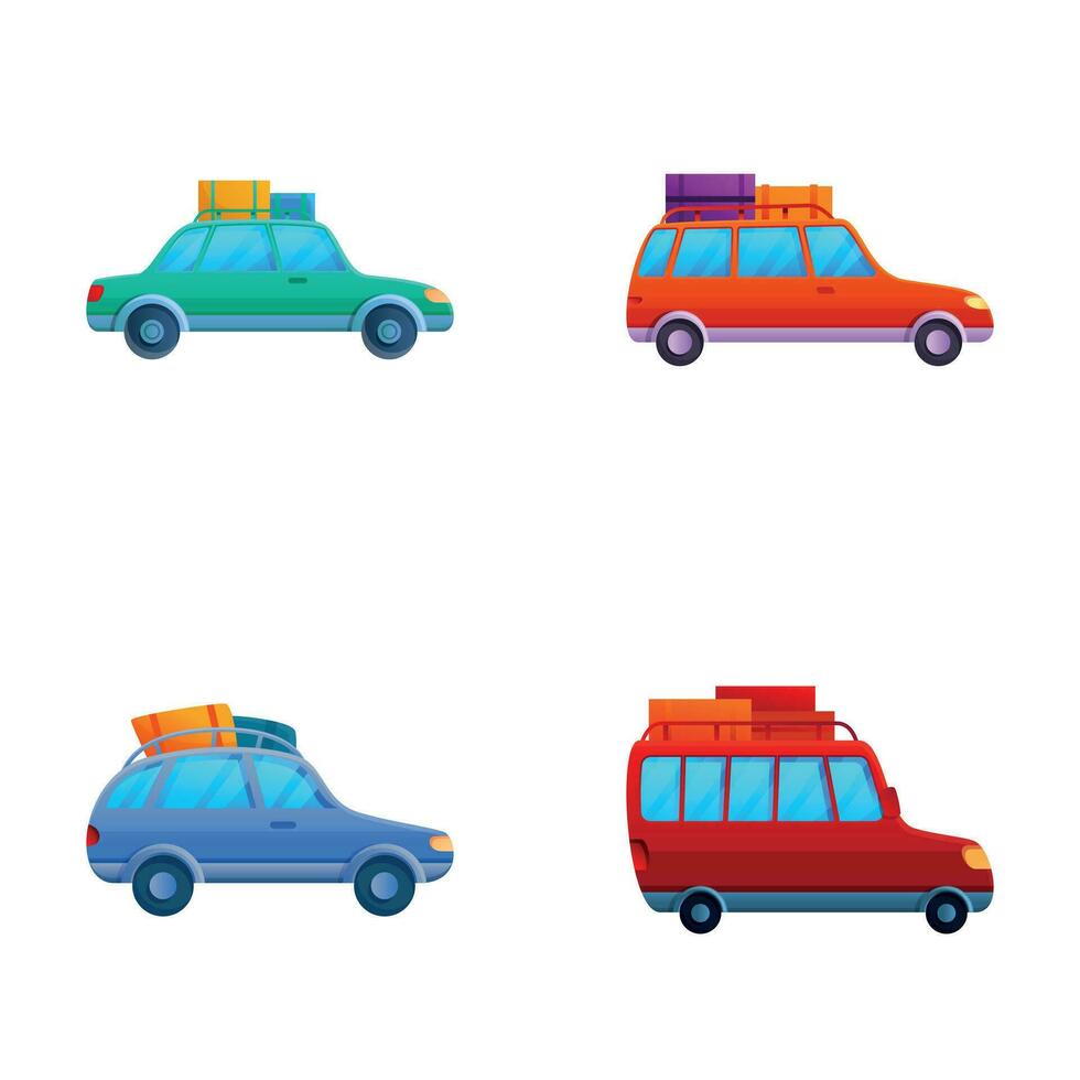 Travel vehicle icons set cartoon vector. Van for summertime road trip vector
