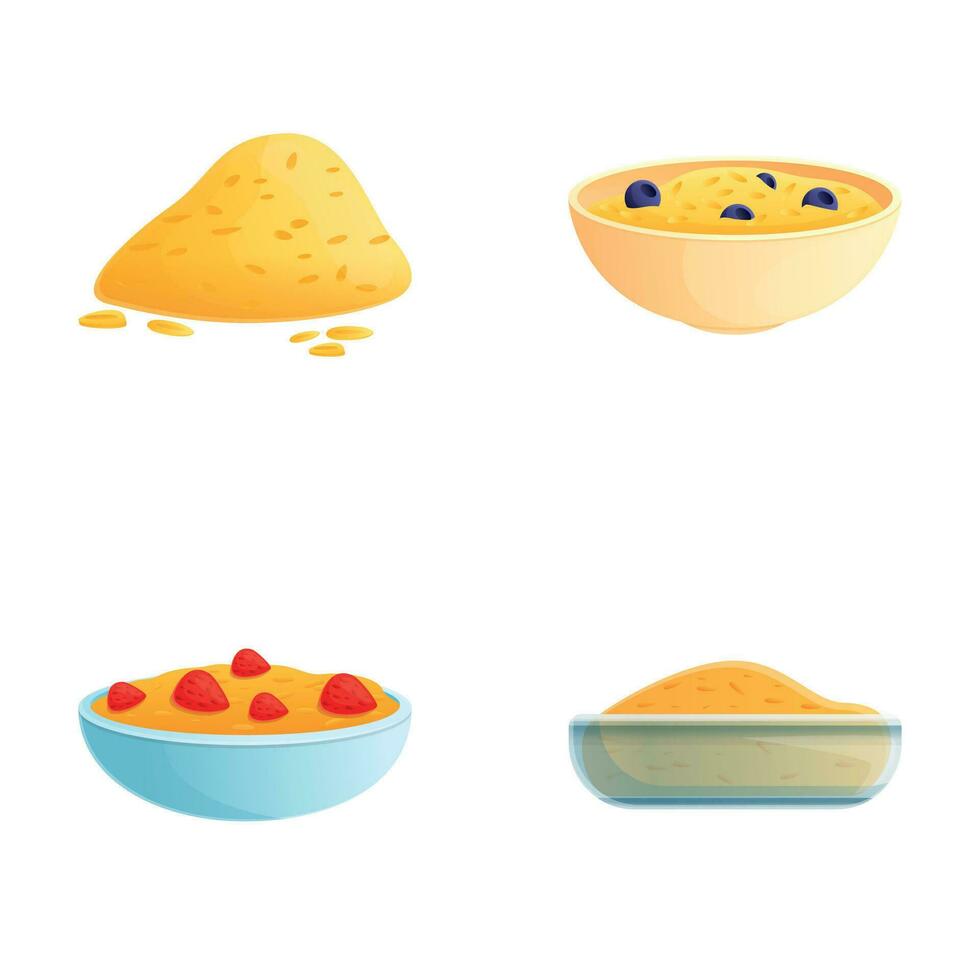 Oatmeal icons set cartoon vector. Fresh porridge with various berry vector