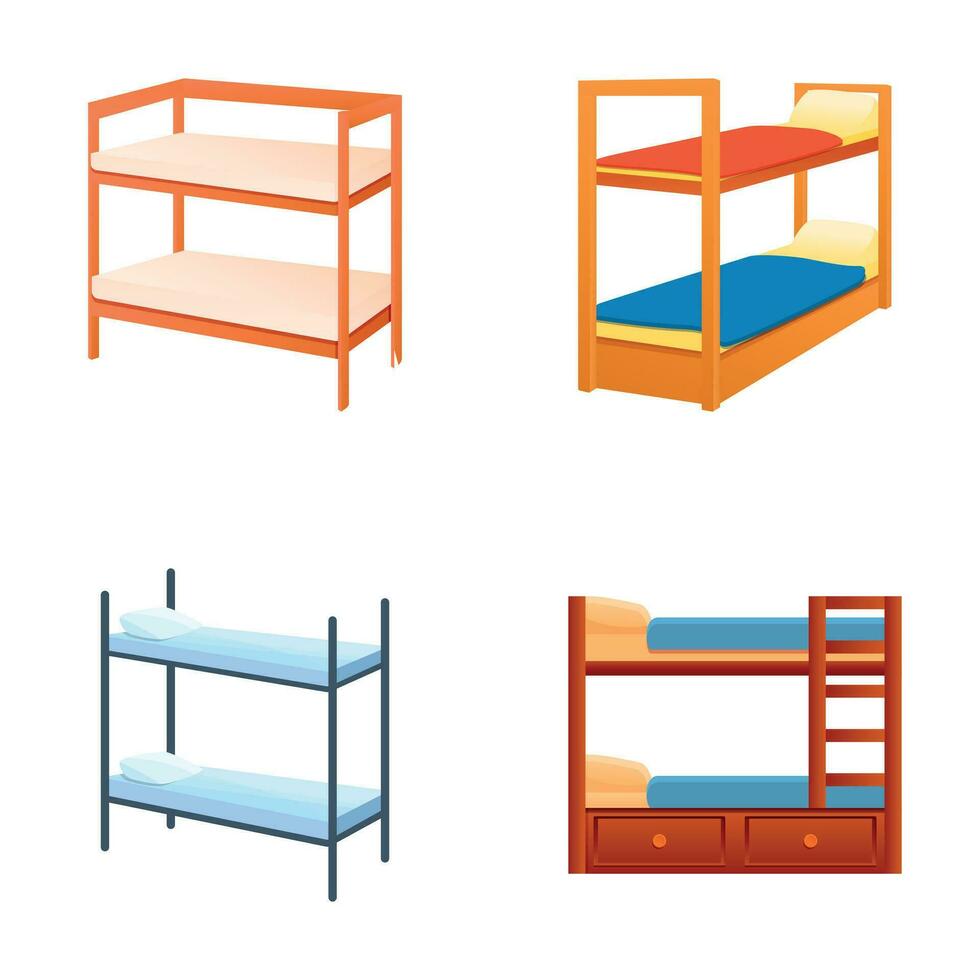 Wooden bed icons set cartoon vector. Two tier bed with mattress and pillow vector