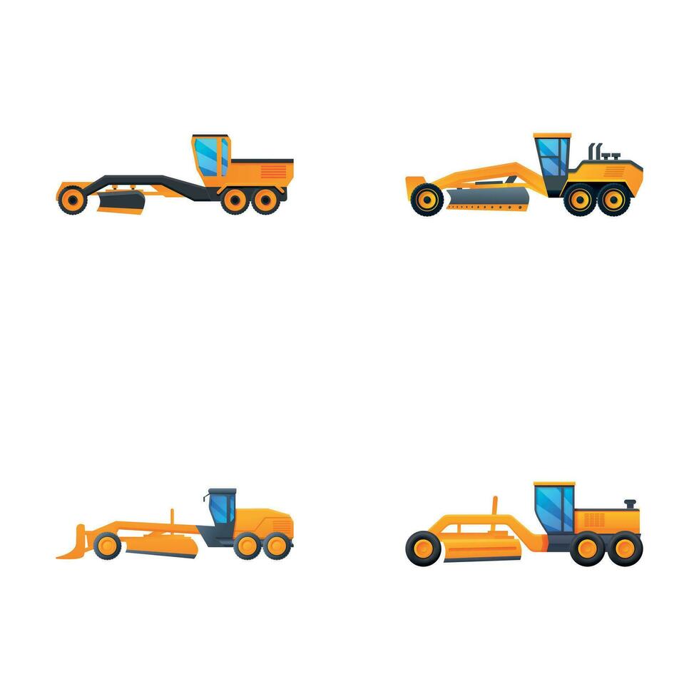 Motor grader icons set cartoon vector. Heavy equipment vehicle vector