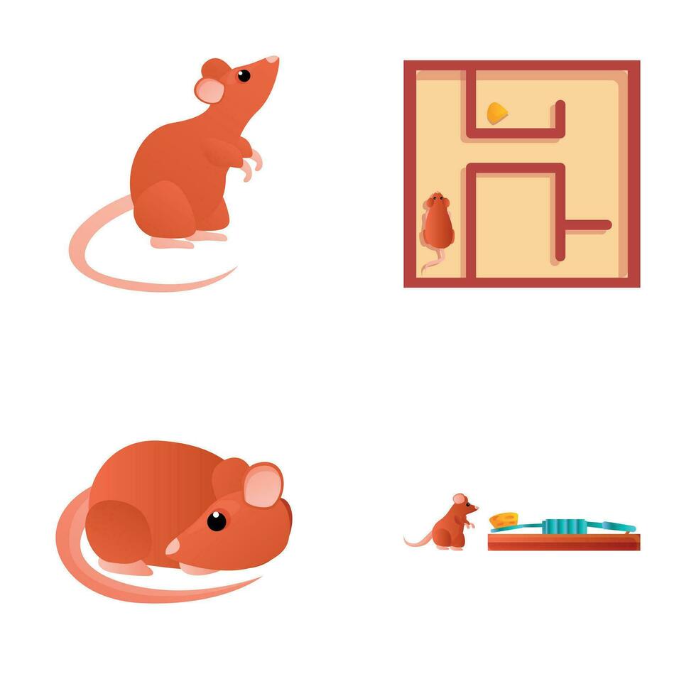 Cartoon mice icons set cartoon vector. Cute mouse near mousetrap and in maze vector