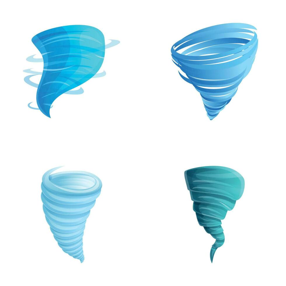 tromba marina íconos conjunto dibujos animados vector. tornado, huracán o tormenta vector