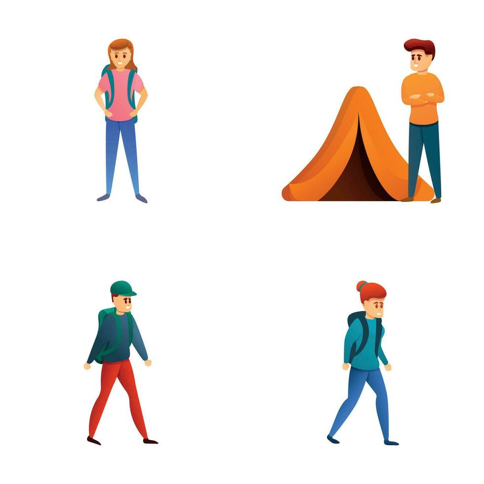 Tourism icons set cartoon vector. Group of tourist with backpack and tent vector
