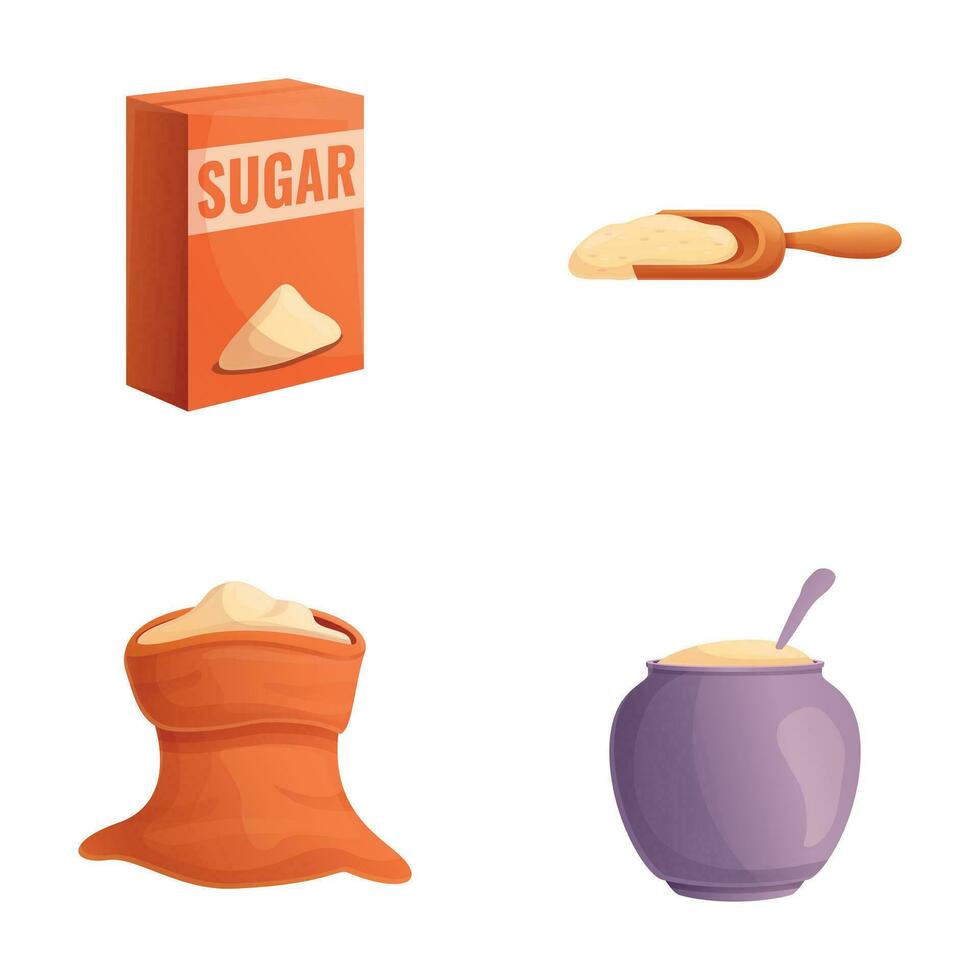 blanco azúcar íconos conjunto dibujos animados vector. azúcar en lona bolso y caja de cartón paquete vector