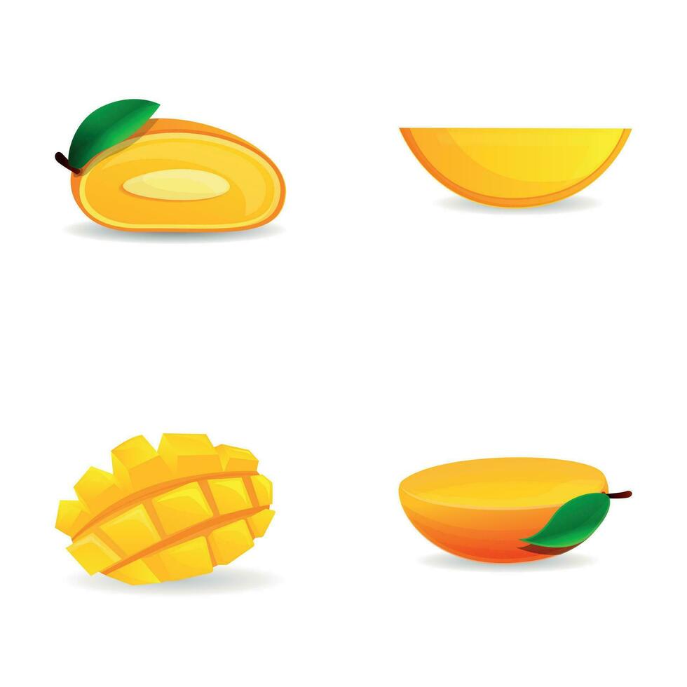 Mango icons set cartoon vector. Fresh ripe mango half vector