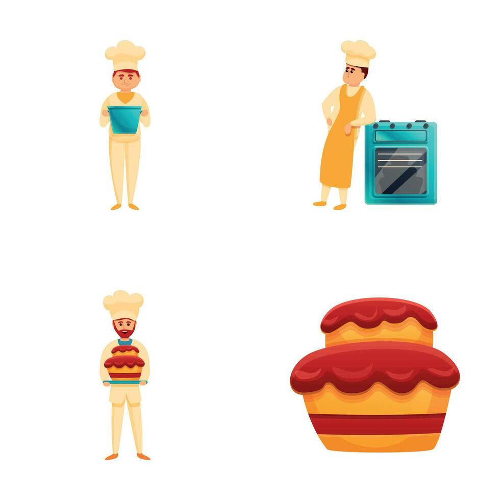 Pastry chef icons set cartoon vector. Professional confectioner making cake vector