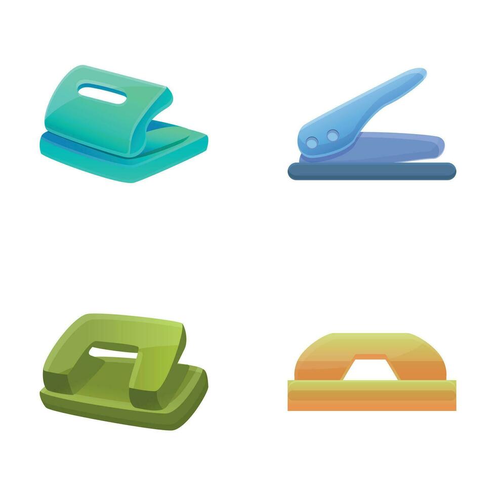 Stapler icons set cartoon vector. Various type and color of hole punch vector