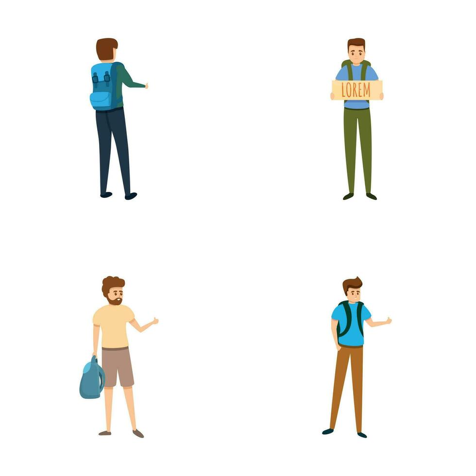 Hitchhiking icons set cartoon vector. People hitchhiker gesturing thumb up vector