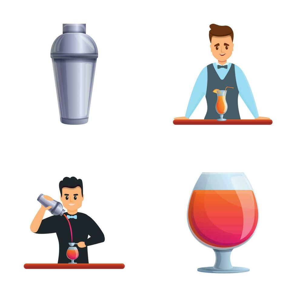 Barman icons set cartoon vector. Bartender at work vector
