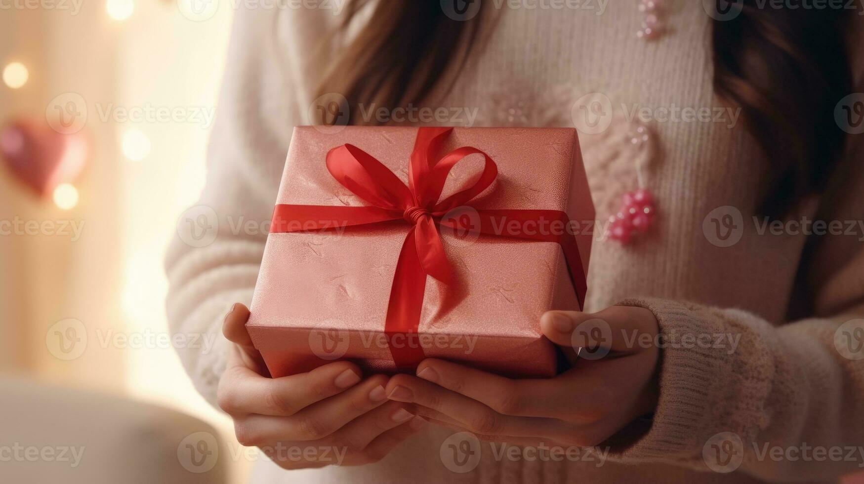 AI generated female hands holding a gift for valentine day, birthday, mother's day. Symbol of love. Valentines day background with a gift boxes. Female Hands Grasping Valentine's and Celebration Gifts photo
