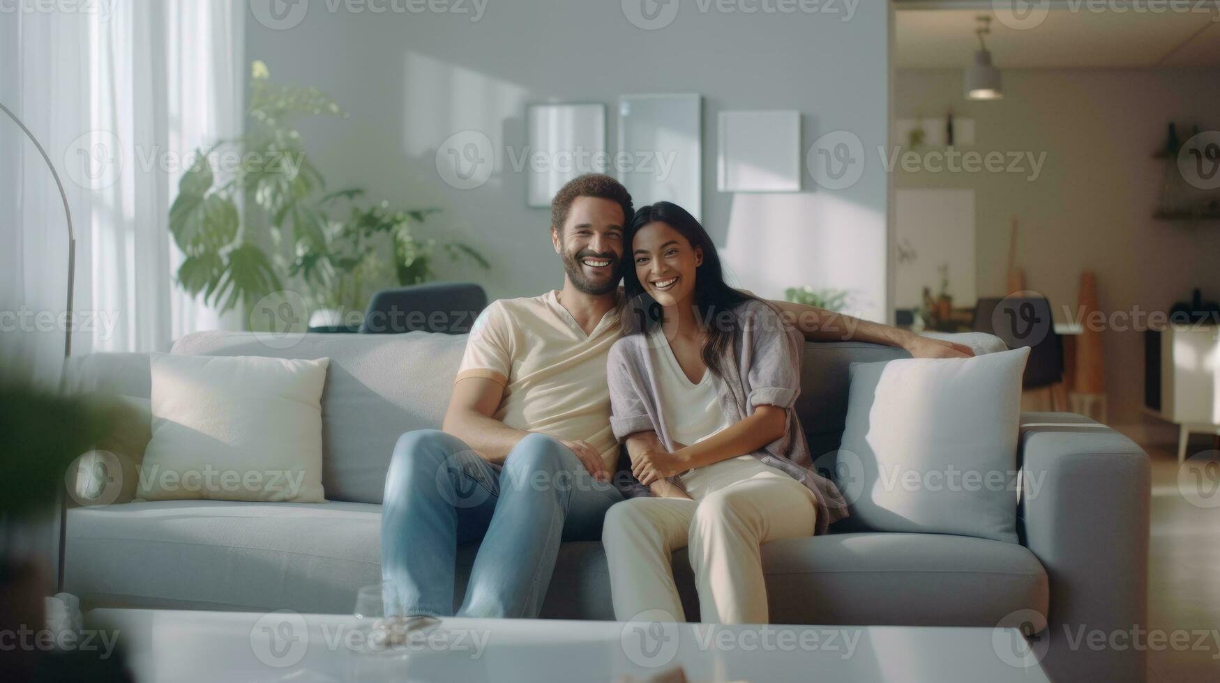AI generated Family Transition. Happy Multiracial Couple Settles in Stylish Living Room. Joyful Homestead. Multicultural Couple Embracing New House Together photo