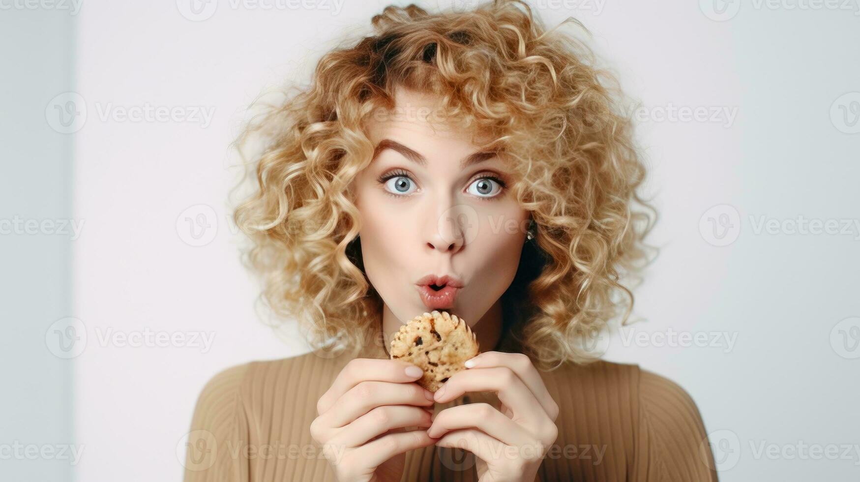 ai generado satisfactorio antojos rubia Rizado peludo mujer mordisqueando en chocolate Galleta. decadente deleitar. de cerca de mujer disfrutando chocolate chip Galleta. esta tipo de bocadillo es malo para tu salud. foto