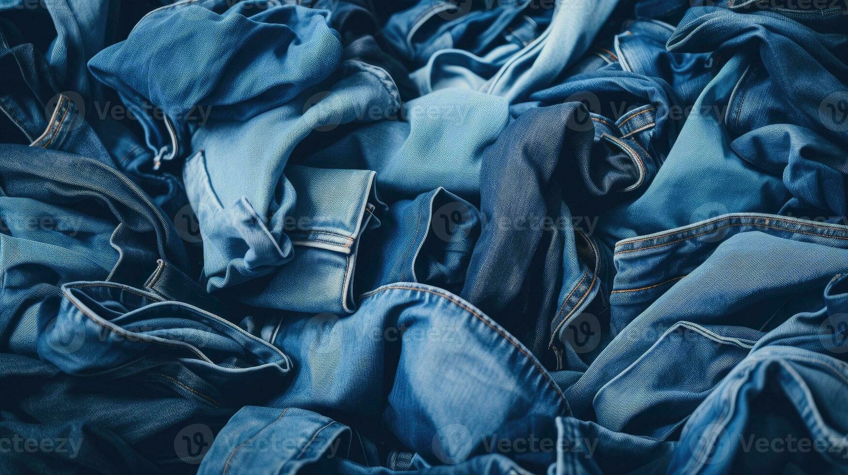 AI generated Assorted Crumpled Blue Jeans - Top View Denim Stack Background. Fashionable Variety of Textured Folded Denim. Stylish Clothing Display Ideal for Design Concepts, and Apparel Marketing photo