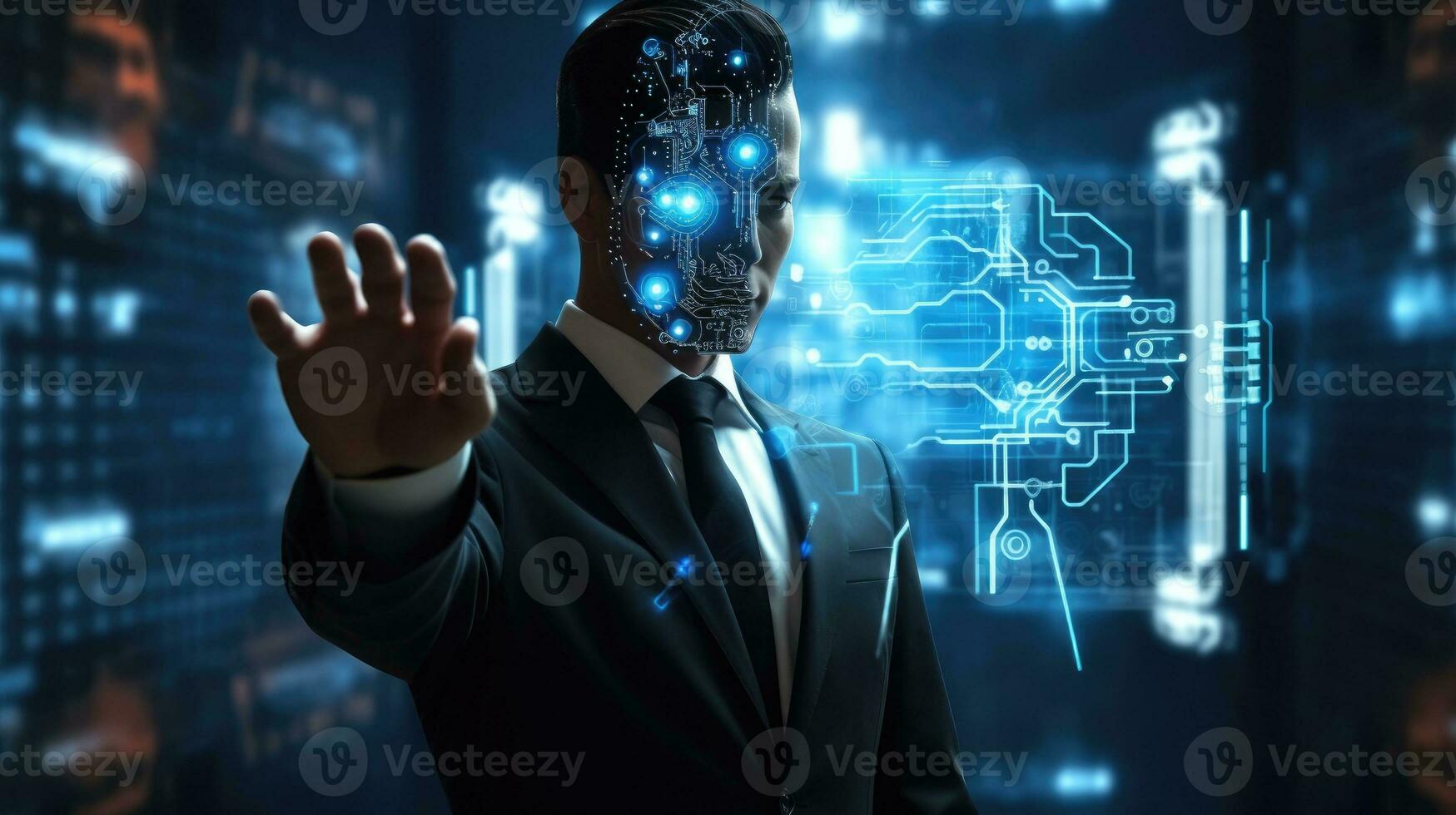AI generated Tech Innovations Unveiled. Businessman Explores Global Internet Connectivity and AI Tools. Smart Technology Unveiled. Businessman Illustrates Global Connectivity and AI Advancements photo